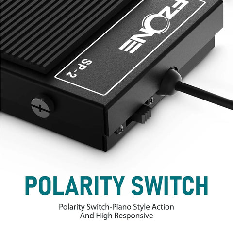 Close-up of all-metal sustain pedal showing polarity switch, labeled FZONE SP-2, black design. Compact All Metal Sustain Pedal For Keyboards Digital Pianos Synthesizers Tone Modules And Drum Machines With Quarter Inch Jack, Heavy Duty Non Slip Base, Polarity Switch, Built For Durability And Rock Solid Performance.
