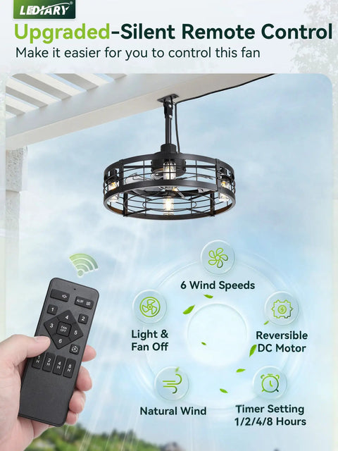 22 Inch Outdoor Ceiling Fan With Light For Patio And Pergola, Waterproof gazebo fan with remote control and caged design