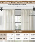 Size chart and example of No Drill Curtain Rods For Windows 32 To 86 Inches Five Eighths Inch Adjustable Drapery Rod in use