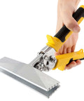 Hand holding 6 Inch Sheet Metal Hand Seamer with Straight Jaw Pliers for bending metal, anti-slip handles, precision notches