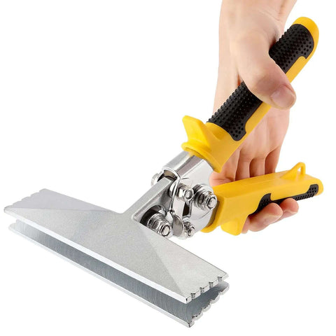 Hand holding 6 Inch Sheet Metal Hand Seamer with Straight Jaw Pliers for bending metal, anti-slip handles, precision notches