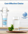 Under Sink Water Filtration System With USA Made Filter High Capacity Removes Lead Chlorine Heavy Metals Taste Odor And Chemicals Keeps Minerals Like Calcium Potassium Magnesium No Fuss Install And Long Lasting Quality, depicted beside a glass of clean water.
