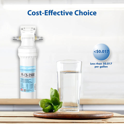 Under Sink Water Filtration System With USA Made Filter High Capacity Removes Lead Chlorine Heavy Metals Taste Odor And Chemicals Keeps Minerals Like Calcium Potassium Magnesium No Fuss Install And Long Lasting Quality, depicted beside a glass of clean water.