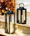 Outdoor Solar Powered Lantern With Flameless Candle 18 Inch Black Metal And Glass Waterproof Hanging Tapered Candle Lamp
