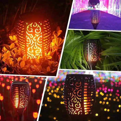 4 Pack Solar Torch Lights With Flickering Flame illuminating outdoor gardens with intricate pattern, waterproof stake lights.