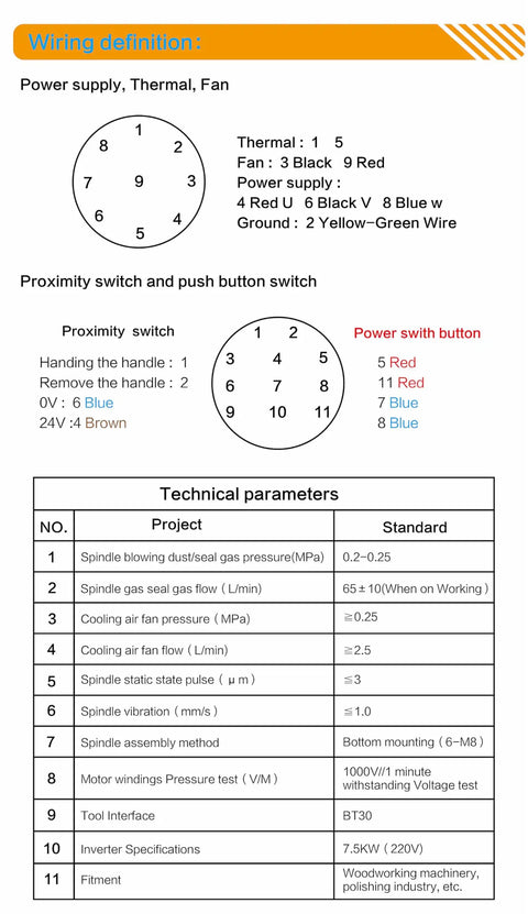 Wiring diagram and technical parameters for Heavy Lifter 7.5KW BT30 Air Cooled Spindle Motor with automatic tool change.
