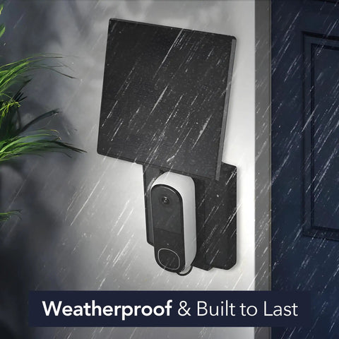 Weatherproof Doorbell Solar Charger with Built-In Battery for Arlo Wyze Eufy Wireless, mounted outdoors in rain, triple-panel array