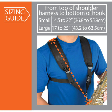 Deluxe Saxophone Harness With Metal Trigger Snap For Easy Quick Release Large A306M Black Comfy Shoulder Support That Distributes Weight For Neck Relief And Smooth Front Webbing Slide sizing guide on player