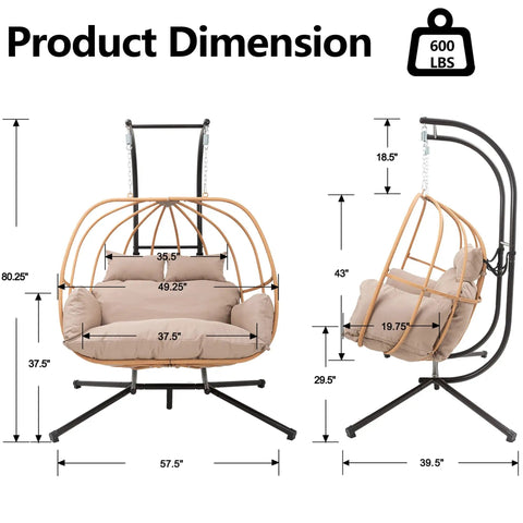 Double Egg Chair Outdoor With Stand For Two People Cushions And Headrest 80 Inch Hanging Swing Chair Basket In Brown