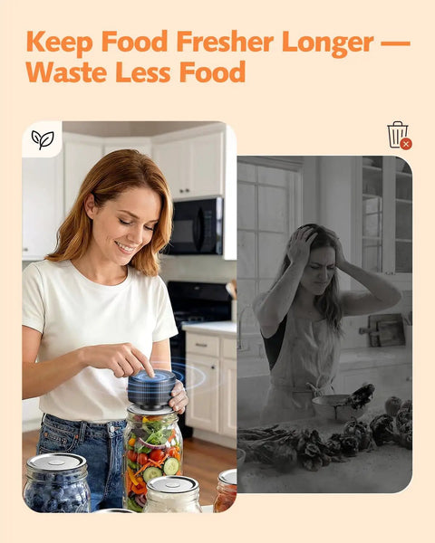 Woman using Electric Mason Jar Vacuum Sealer Kit 2026 Upgraded Cordless One Handed Jar Sealer on vegetable-filled jar.