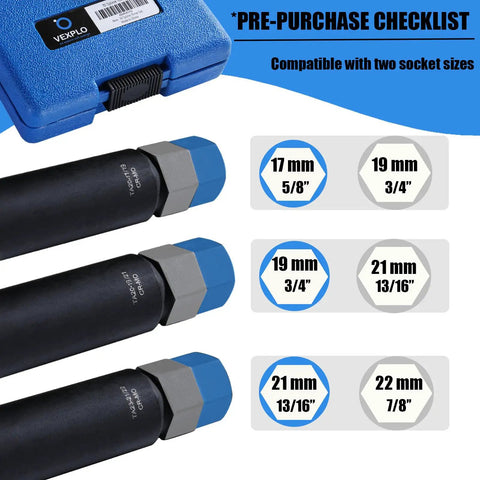 Thick Wall 10 Spline Lug Nut Key Set, 3 Piece Lug Nut Socket Tool shown with case and size compatibility chart.