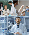 Collage of lab scenes with scientists, a classroom setting, and a medical injection, highlighting diverse scientific activities.