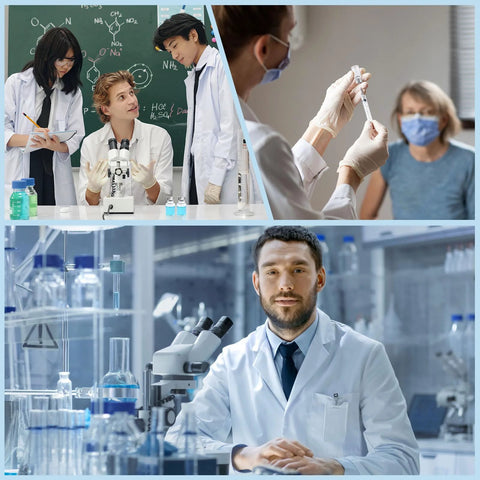Collage of lab scenes with scientists, a classroom setting, and a medical injection, highlighting diverse scientific activities.