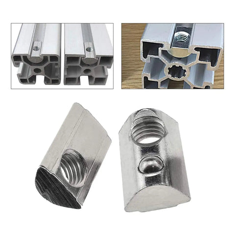 M8 Roll In T Slot Nuts For 4040 Aluminum Extrusion, spring ball loaded, nickel plated, shown with aluminum profile rail