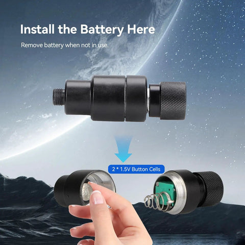 Close-up of battery installation in Illuminated Crosshair Reticle Eyepiece 1.25 Inch, 20mm Vision For Guided Astrophotography And Guide Scopes.