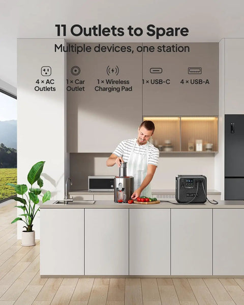 Man using appliances powered by Power Up Anywhere With This Solar Generator Kit, 200W Panel, 1152Wh Portable Power Station.