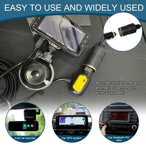 Straight Up Heavy Duty AC DC Converter And Car Cigarette Lighter Adapter plugged into auto car recorder and GPS system.