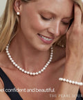 Woman wearing Must Have 14K Gold Akoya Pearl Necklace Bracelet Earrings Set With 18 Inch Princess Length For Women 7.5 To 8mm Round White Cultured Pearls Classic Elegant Jewelry Trio.