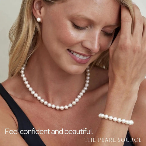 Woman wearing Must Have 14K Gold Akoya Pearl Necklace Bracelet Earrings Set With 18 Inch Princess Length For Women 7.5 To 8mm Round White Cultured Pearls Classic Elegant Jewelry Trio.