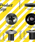 Super Slick Black Chicago Screws Fourteen Pack, Number Eight Thirty Two By One Quarter Inch Hardware For Pistol Sheaths And Kydex Builds, beefy screws sizes on yellow background.