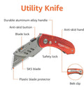 Red Amazon Basics folding utility knife with aluminum handle, back-lock blade and belt clip.