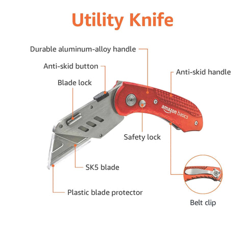 Red Amazon Basics folding utility knife with aluminum handle, back-lock blade and belt clip.