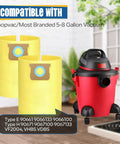 Heavy Duty Disposable Wet And Dry Vacuum Bags 16 Pack Universal Fit 5 To 8 Gallon Vacuum bags in solid yellow with red vacuum.