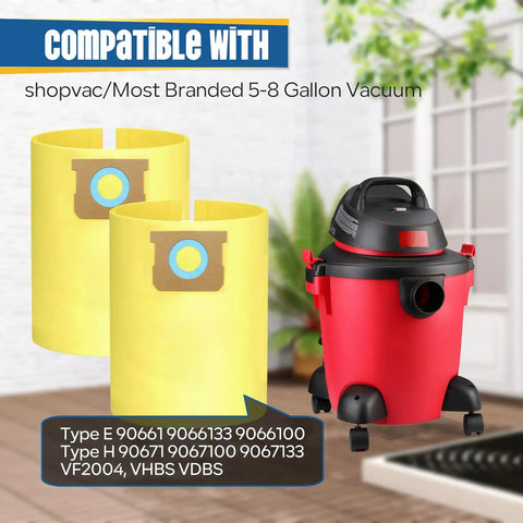 Heavy Duty Disposable Wet And Dry Vacuum Bags 16 Pack Universal Fit 5 To 8 Gallon Vacuum bags in solid yellow with red vacuum.