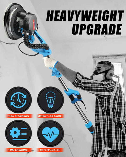 Person using 800W Drywall Sander with Foldable Design, Six Speed Settings 500-1800 RPM, Extendable Handle, LED Lights
