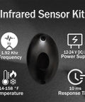 Infrared Beam Sensor Motion Detector Kit with frequency, power supply, temperature, and response time details displayed.