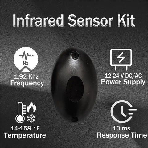Infrared Beam Sensor Motion Detector Kit with frequency, power supply, temperature, and response time details displayed.