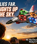 Child flying Big Power 2.4GHz RC Plane For Kids And Adults Easy To Fly Foam Airplane With LED Lights And Auto Return at sunset