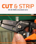 Close-up of heavy duty wire stripper and cutter for 20 to 30 AWG wires, ergonomic handle, pliers style.