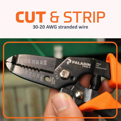 Close-up of heavy duty wire stripper and cutter for 20 to 30 AWG wires, ergonomic handle, pliers style.