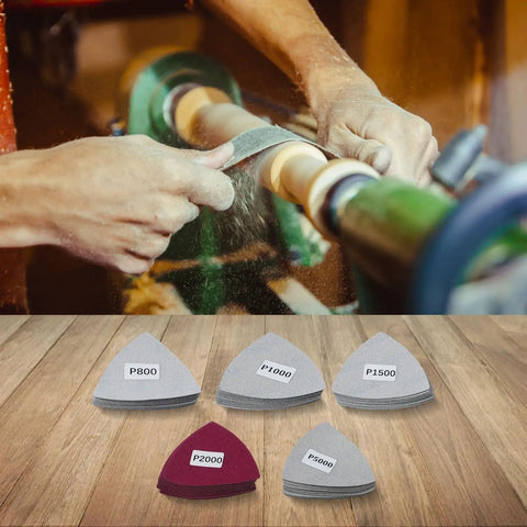 Grab These 50 Pcs Crazy Useful Triangle Sanding Sheets Made From Tough Silicon Carbide For Wet Dry Use Perfect Grit Range 800 To 5000 For Detail Sanders That Crush Wood And Metal Polishing Jobs With Ease; worker sanding wood with sanding sheets.