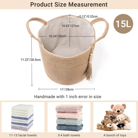 Dope Natural Rope Woven Storage Basket With Wooden Bead Handles Macrame Organizer For Blankets, Toys, Clothes, Shoes And Plants Indoor Home Decor Bin In Brown 28x28 Cm with size measurements