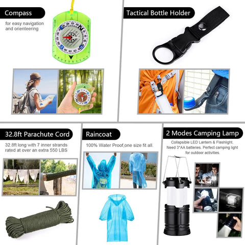Emergency survival kit, 151 pcs, black; includes compass, paracord, raincoat, and dual-mode camping lamp