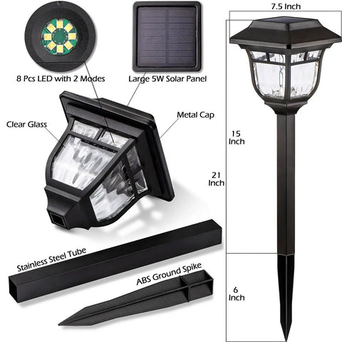 Dimensions and components of the Solar Pathway Lights 4 Pack Outdoor Garden LED Lights IP65 Waterproof Glass And Metal Walkway Landscape Lighting With Two Modes 30 LM Warm White Solar Powered For Yard Patio Lawn.
