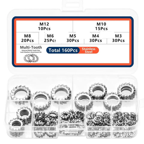 External Multi Tooth Star Lock Washers Set Seven Sizes M3 M4 M5 M6 M8 M10 M12 Three Pack Of 160 Pcs Each For Total Of 480 Pcs