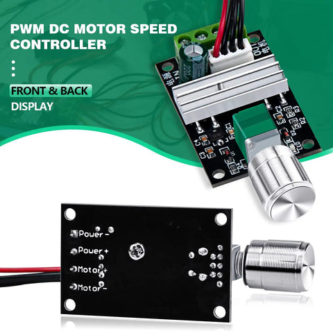 Front and back view of Boss PWM Motor Speed Controller for DC Motors With Forward and Reverse Reversible Knob Switch 6V to 28V Adjustable 3A 80W
