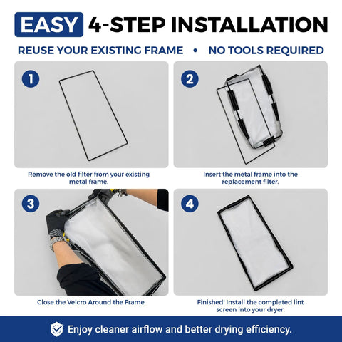 Easy installation steps for Heavy Duty Commercial Dryer Lint Screen Replacement With Frameless Mesh Filter for industrial laundromats.
