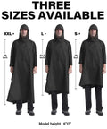 Black Hooded Packable Unisex Rain Poncho With Front Pocket Ultra Lightweight Waterproof Raincoat in sizes XXL, L, and S displayed.