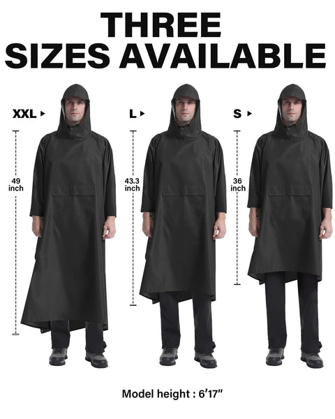 Black Hooded Packable Unisex Rain Poncho With Front Pocket Ultra Lightweight Waterproof Raincoat in sizes XXL, L, and S displayed.