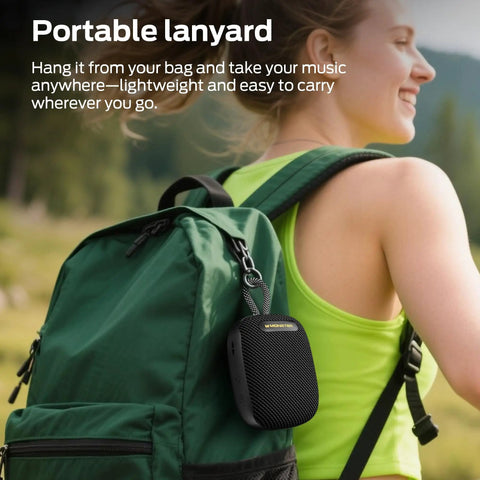 Outdoor Bluetooth Speaker with IPX7 Waterproof Rugged Build attached to a green backpack, ideal for travel and hiking.