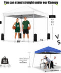 Instant 10x10 Pop Up Canopy Tent With Easy One Push Setup shown with height options and people for scale, silver white.