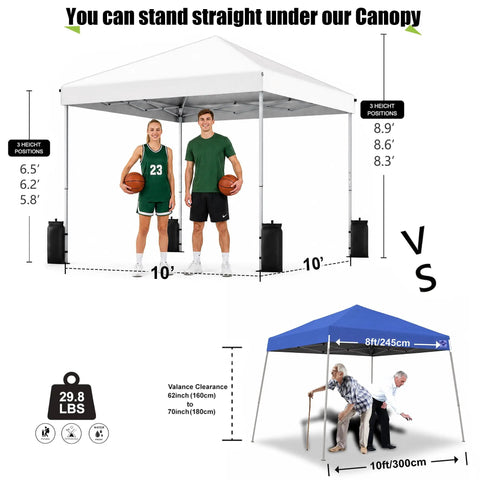 Instant 10x10 Pop Up Canopy Tent With Easy One Push Setup shown with height options and people for scale, silver white.