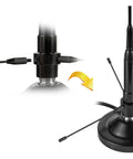 Dual Band Car Ham Radio Antenna With Magnetic Base And Ground Plane Kit Covers 136-174MHz And 400-470MHz Soft Whip PL259 Male Connector Easy Mount Great For Vehicle Amateur Radio And Marine VHF Use detailed connector and base
