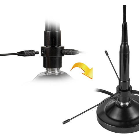 Dual Band Car Ham Radio Antenna With Magnetic Base And Ground Plane Kit Covers 136-174MHz And 400-470MHz Soft Whip PL259 Male Connector Easy Mount Great For Vehicle Amateur Radio And Marine VHF Use detailed connector and base