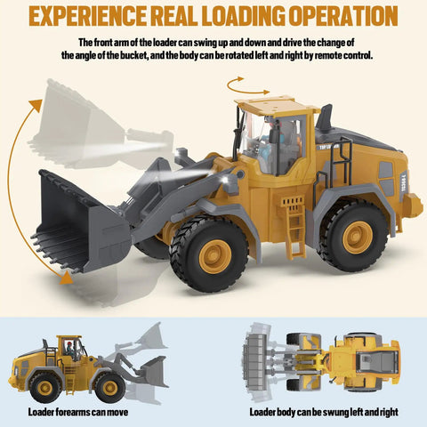 Metal RC Wheel Loader Toy With Realistic Lights And Sounds showcasing movable loader arms for authentic construction play.