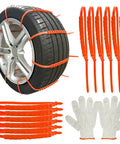 Heavy Duty 12 Piece Adjustable Snow Chains For Cars And Trucks Rust Free Plastic Tire Traction Straps No Sweat Setup Winter Grip Anti Slip Recovery Loops ready for use with tire.
